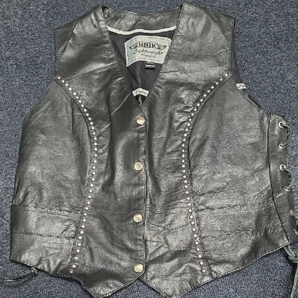 Unk Black Leather Vest with Stud Accents